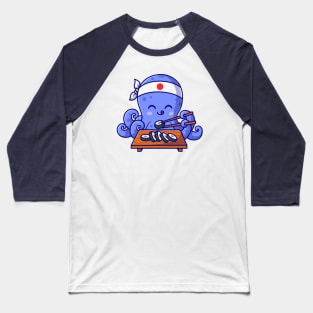 Cute Octopus Eating Sushi Cartoon Baseball T-Shirt